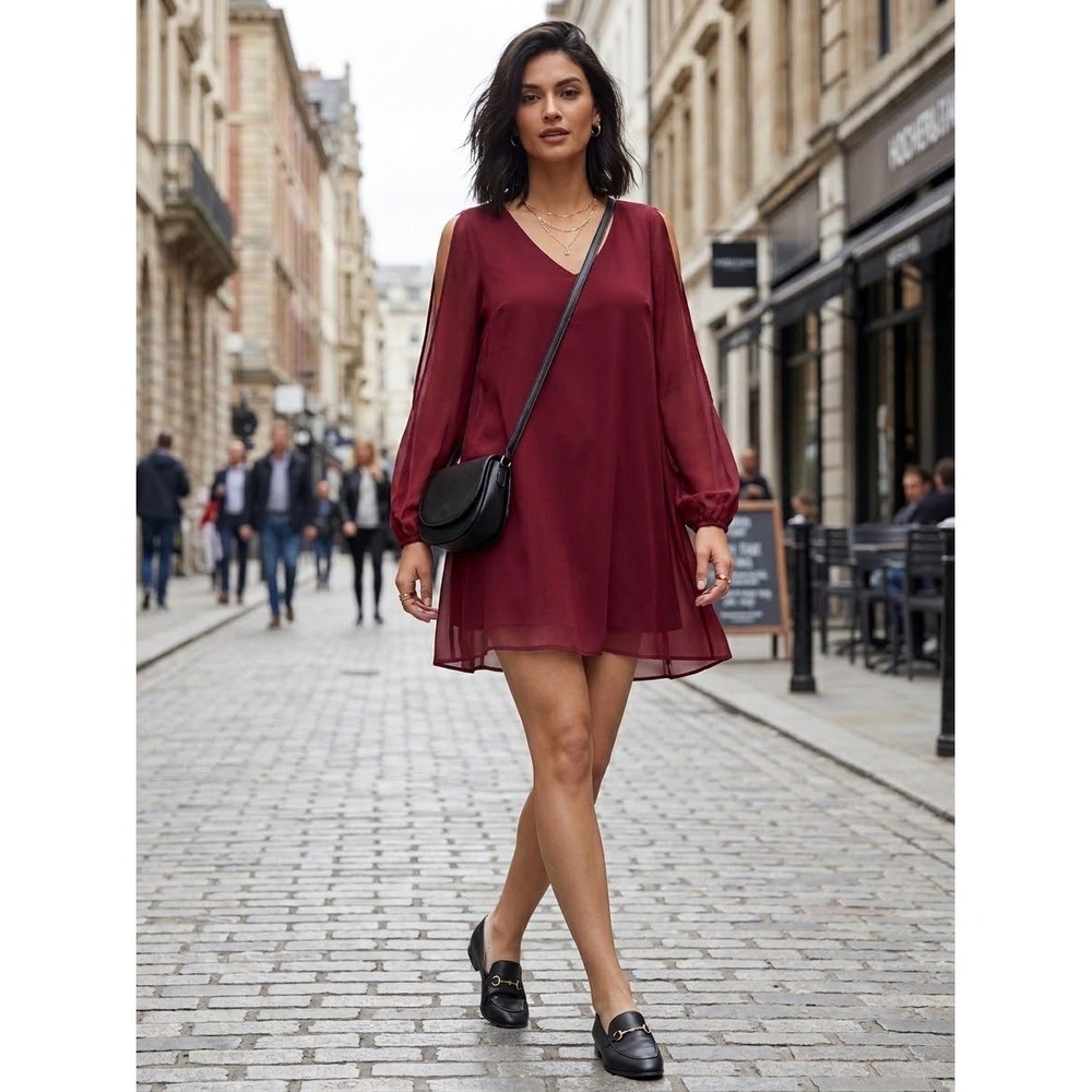 Lovers + Friends Burgundy Cold Shoulder Chiffon Shift Mini Dress Size L Wine Red